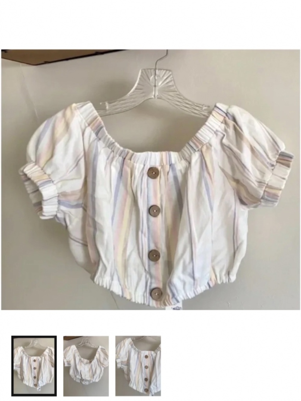 🪞 NWT new Cream & tan olive grey striped off the shoulder blouse with button de